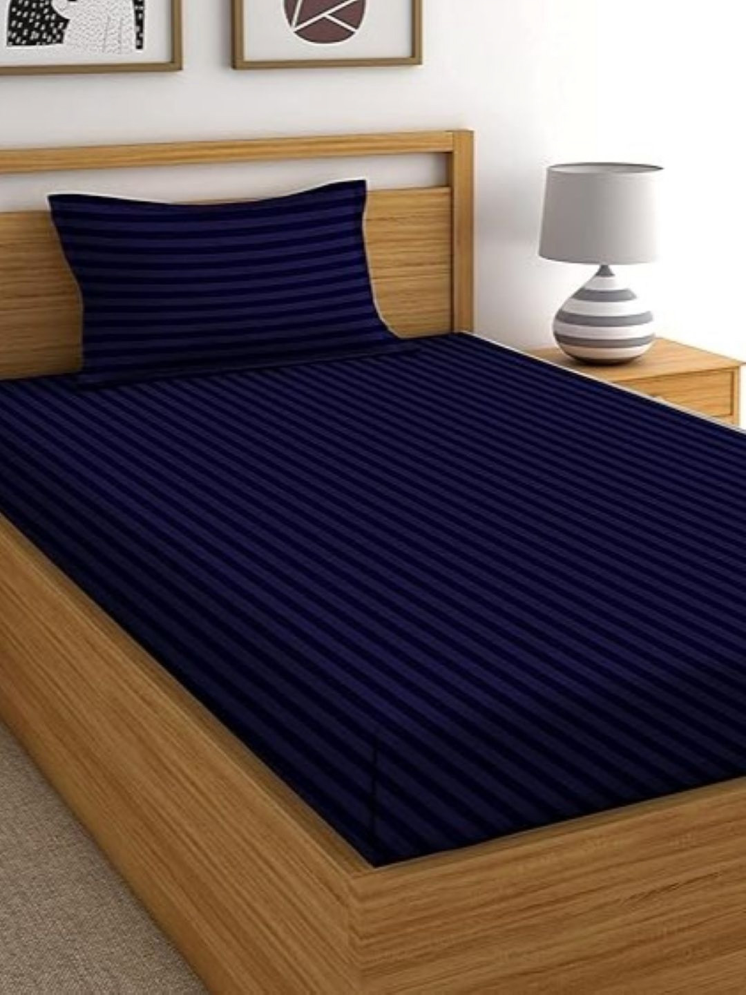 Bedbathandbliss Navy Blue Striped 300 TC Cotton Single Bedsheet Set 1.52m x 2.28m