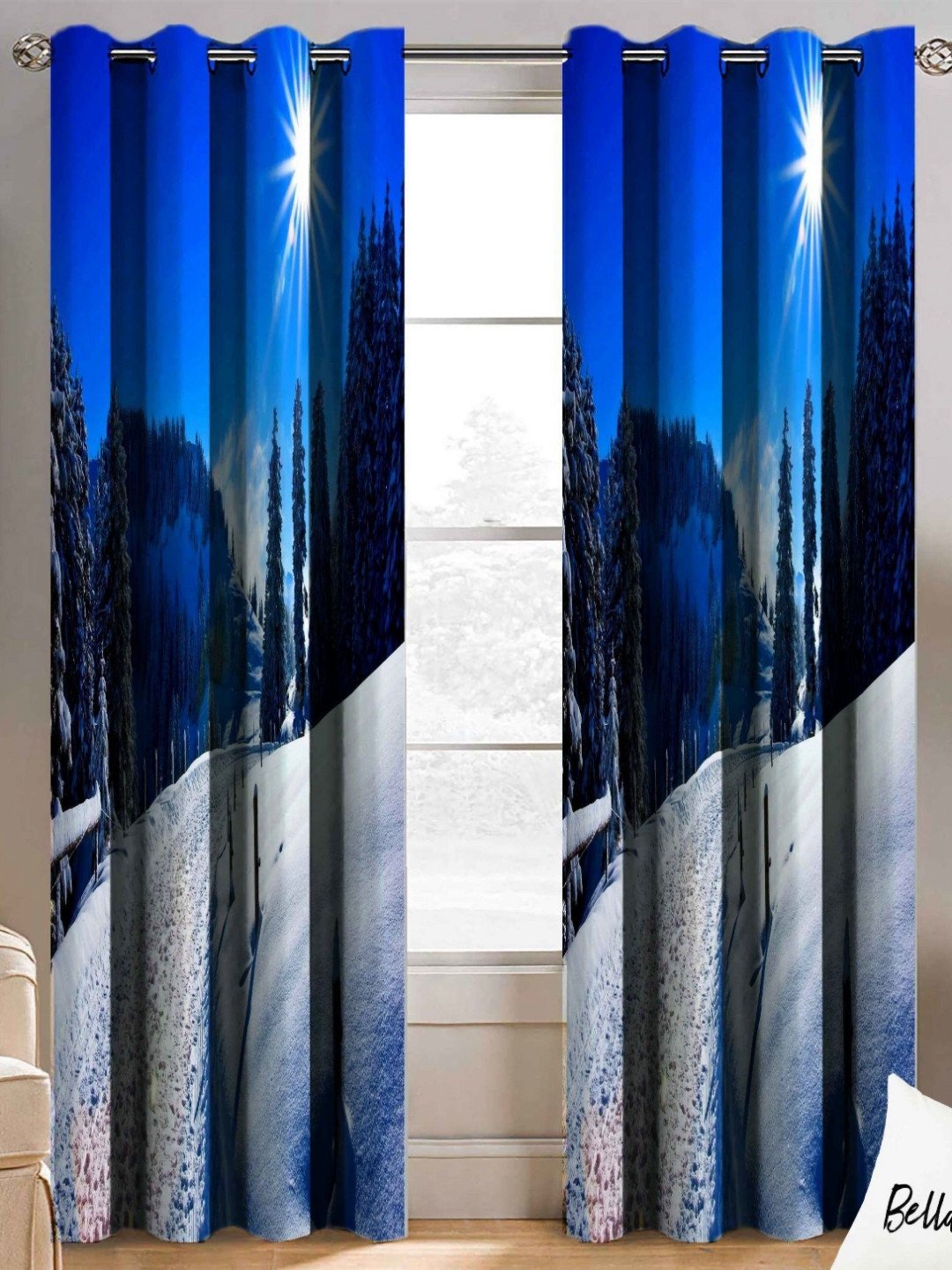 BELLA TRUE Blue & Black 2 Pieces Tropical Printed Long Door Curtains