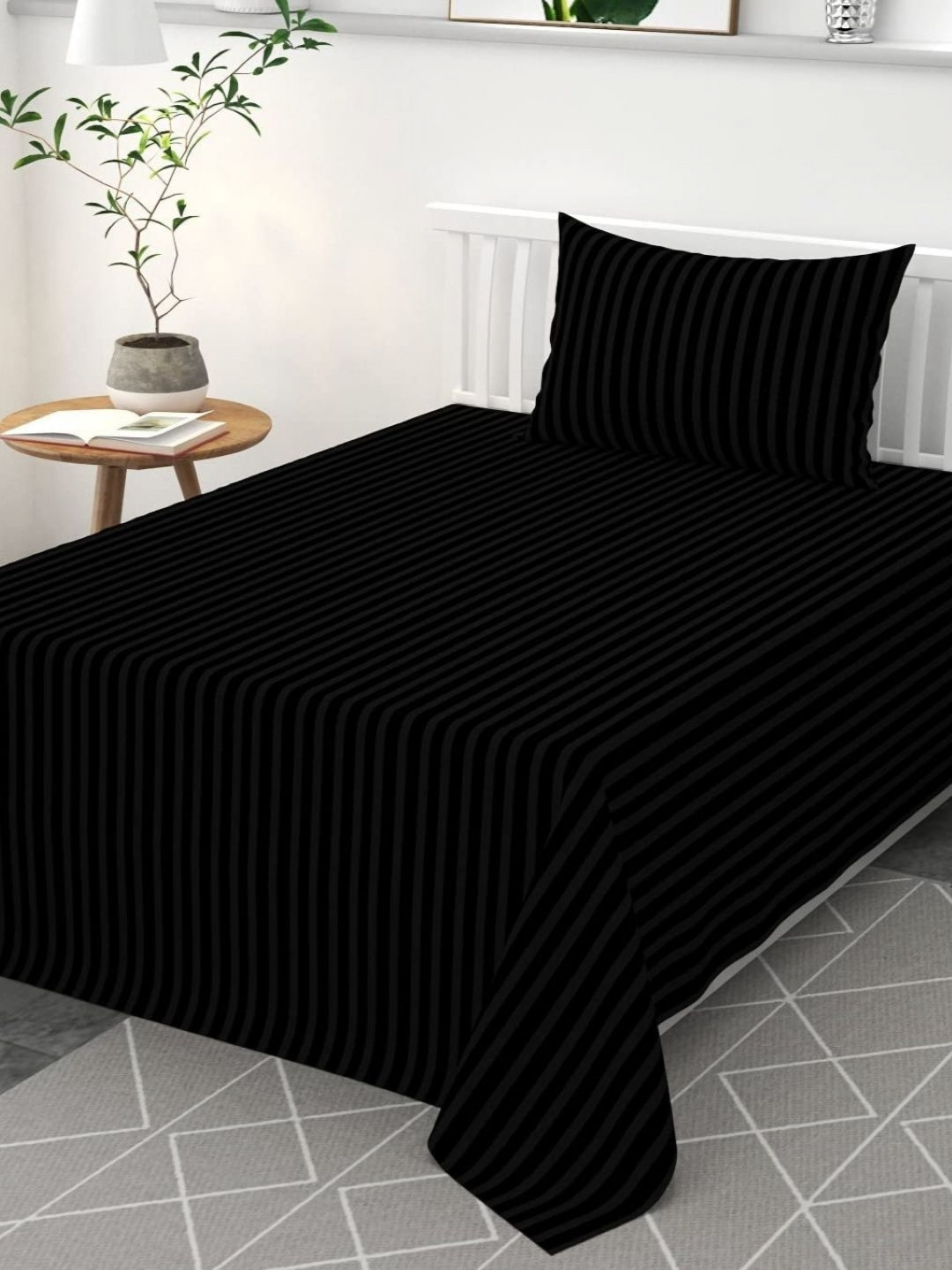 Bedbathandbliss Black Striped 300 TC Cotton Single Bedsheet Set 1.52m x 2.28m