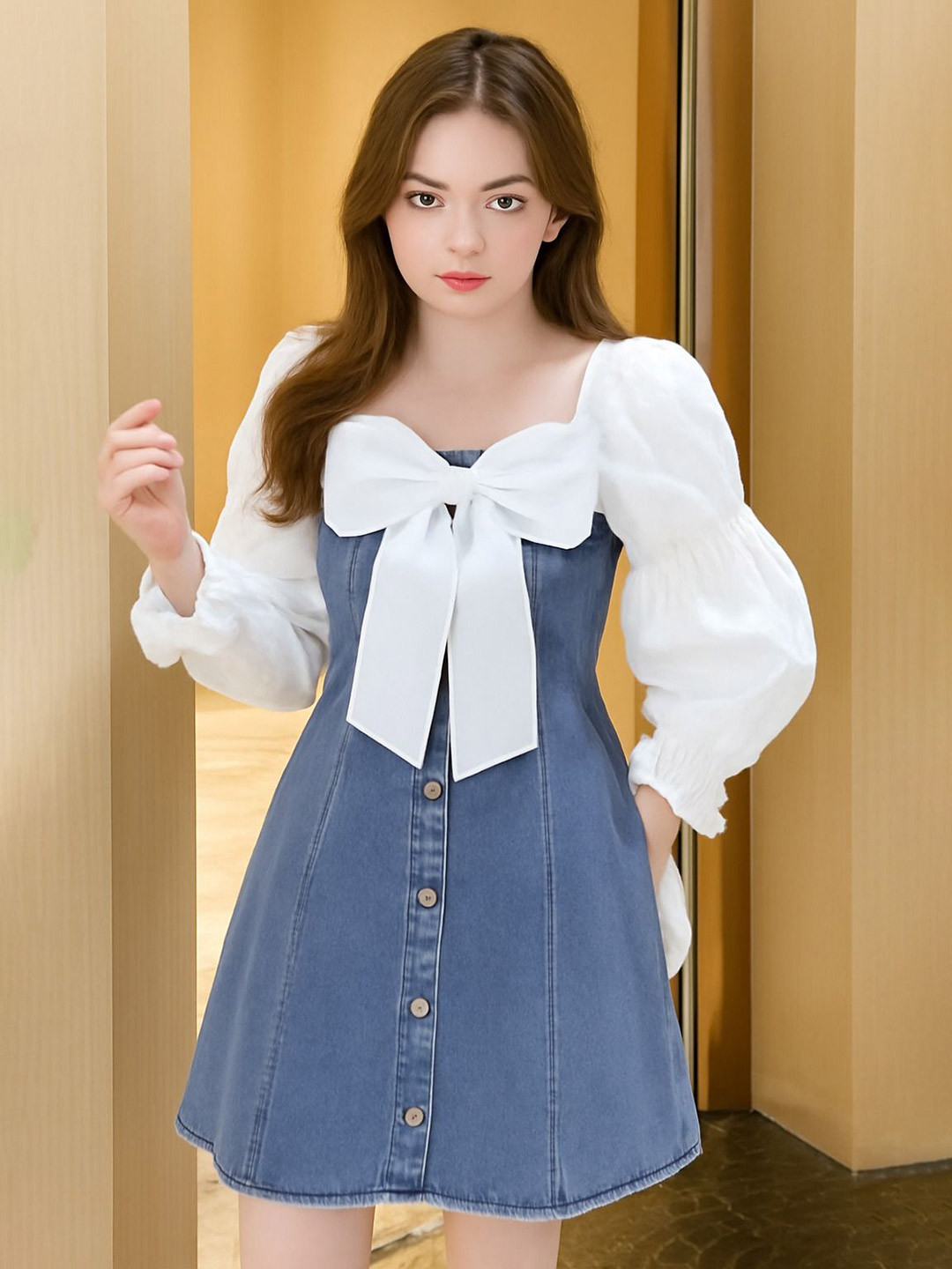 TIARA WORLD Girls Square Neck Puff Sleeve Denim A-Line Dress