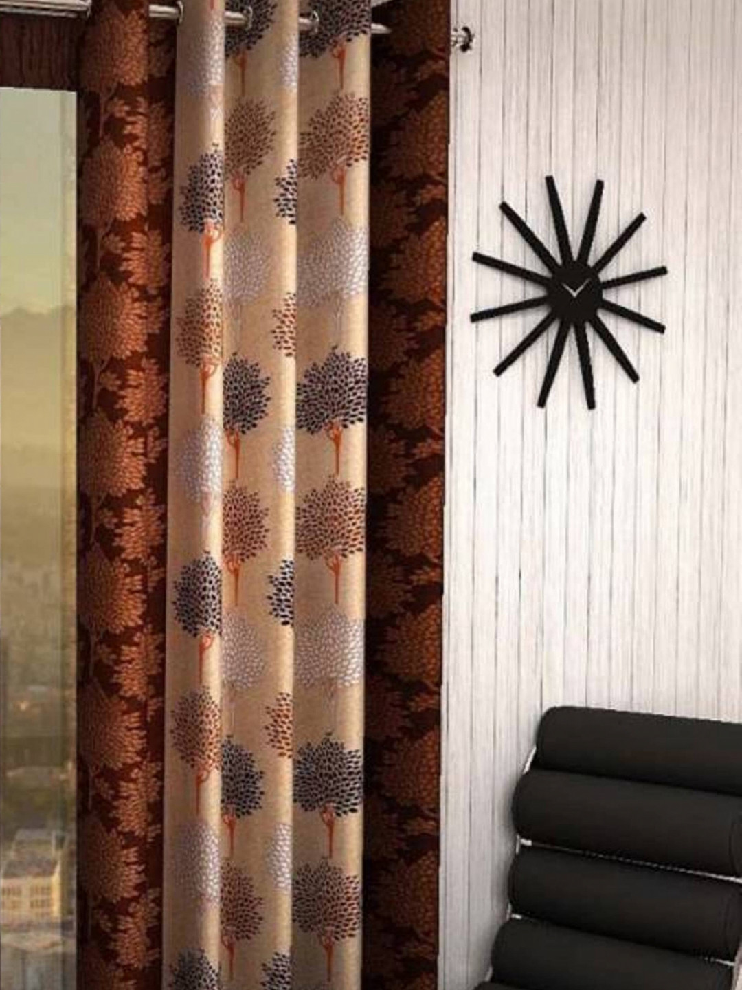 BELLA TRUE Brown & Cream Floral Printed Ripple Fold Door Curtain