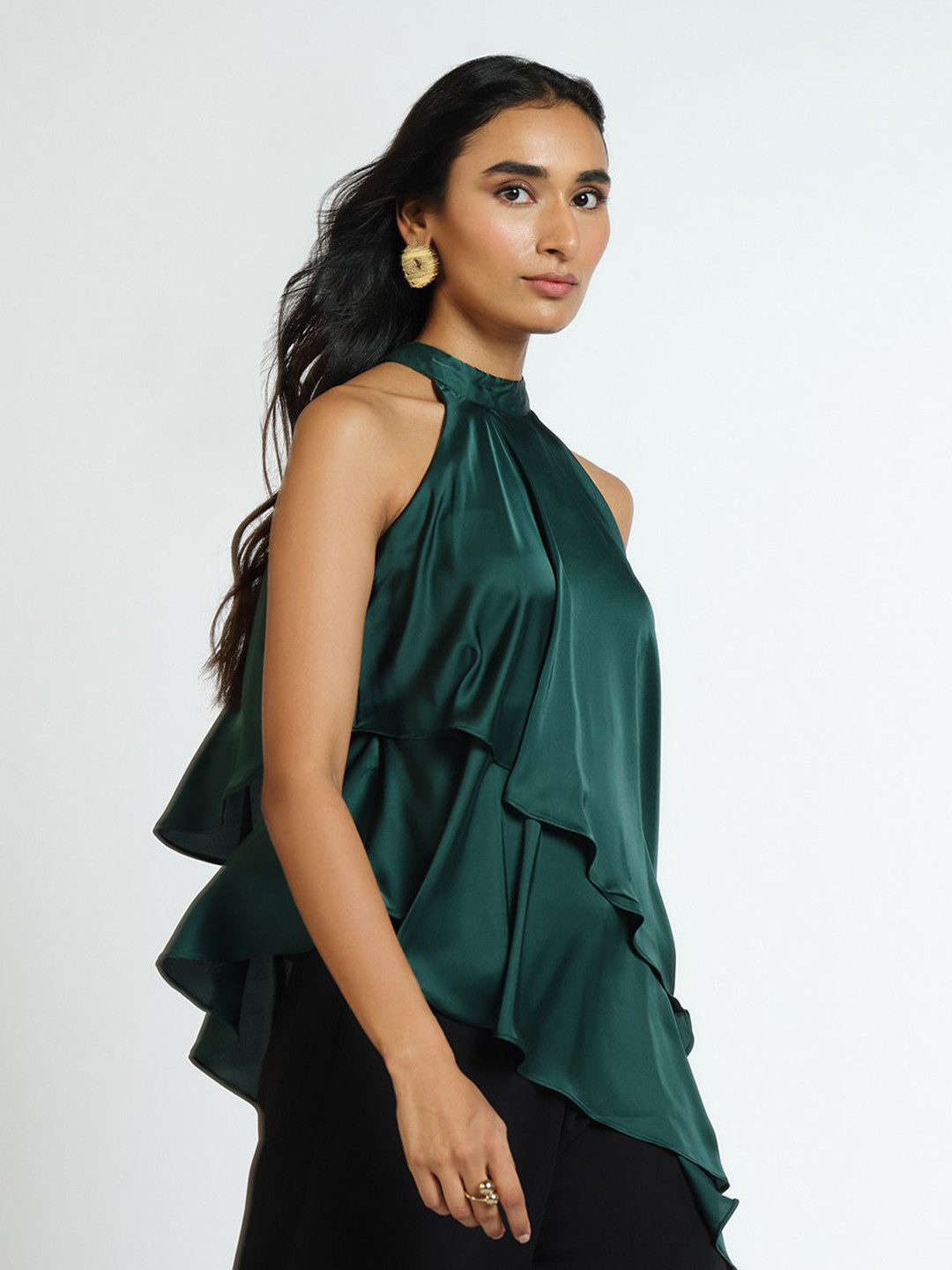 AND Halter Neck Ruffles Asymmetric Hem Top