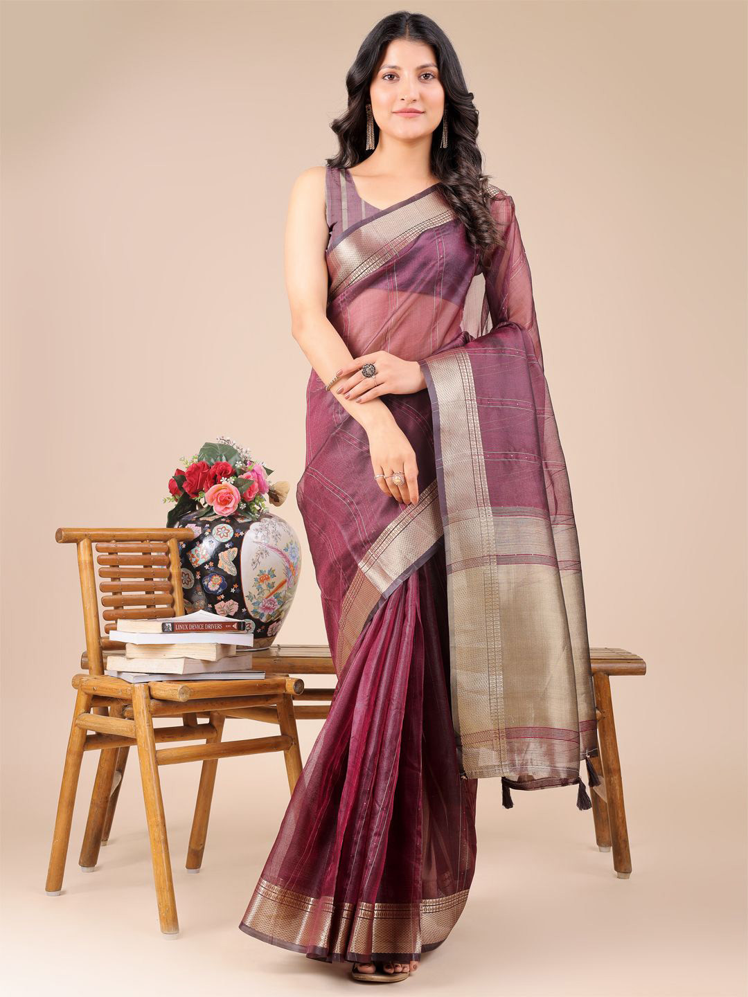 ALAGINI Striped Zari Broder Organza Saree