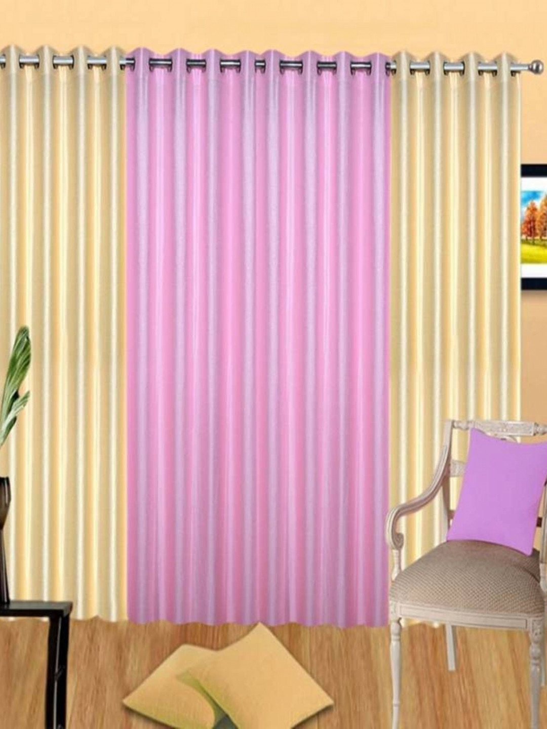 BELLA TRUE 4 Pieces Pink & Cream Black Out Long Door Curtains