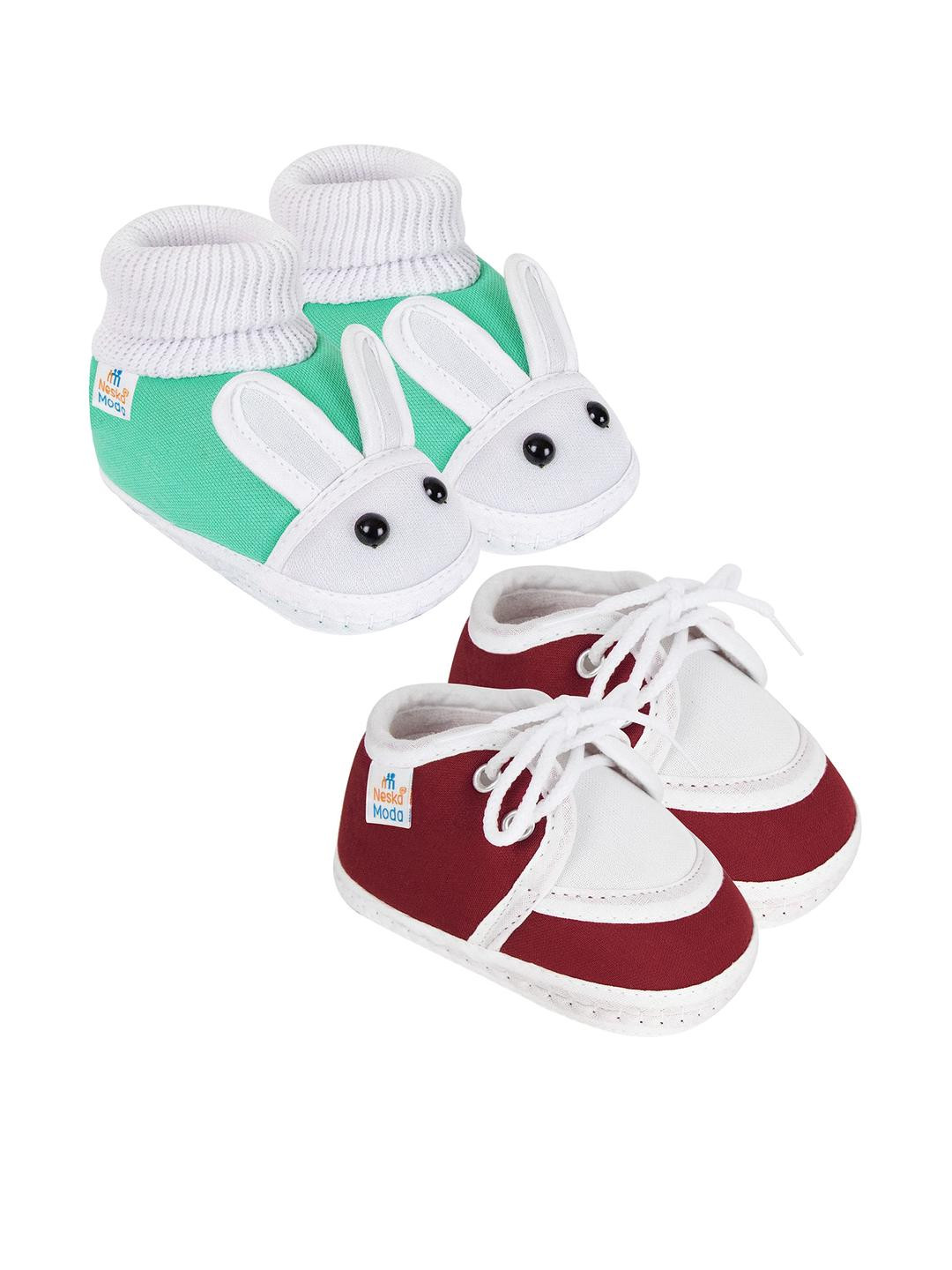 Neska Moda 0 To 6 Months Baby Pack Of 2 Pair Cotton Butterfly Frill Newborn Soft Infant Booties (Toe to Heel Length - 10 cm, Light Green, Maroon)