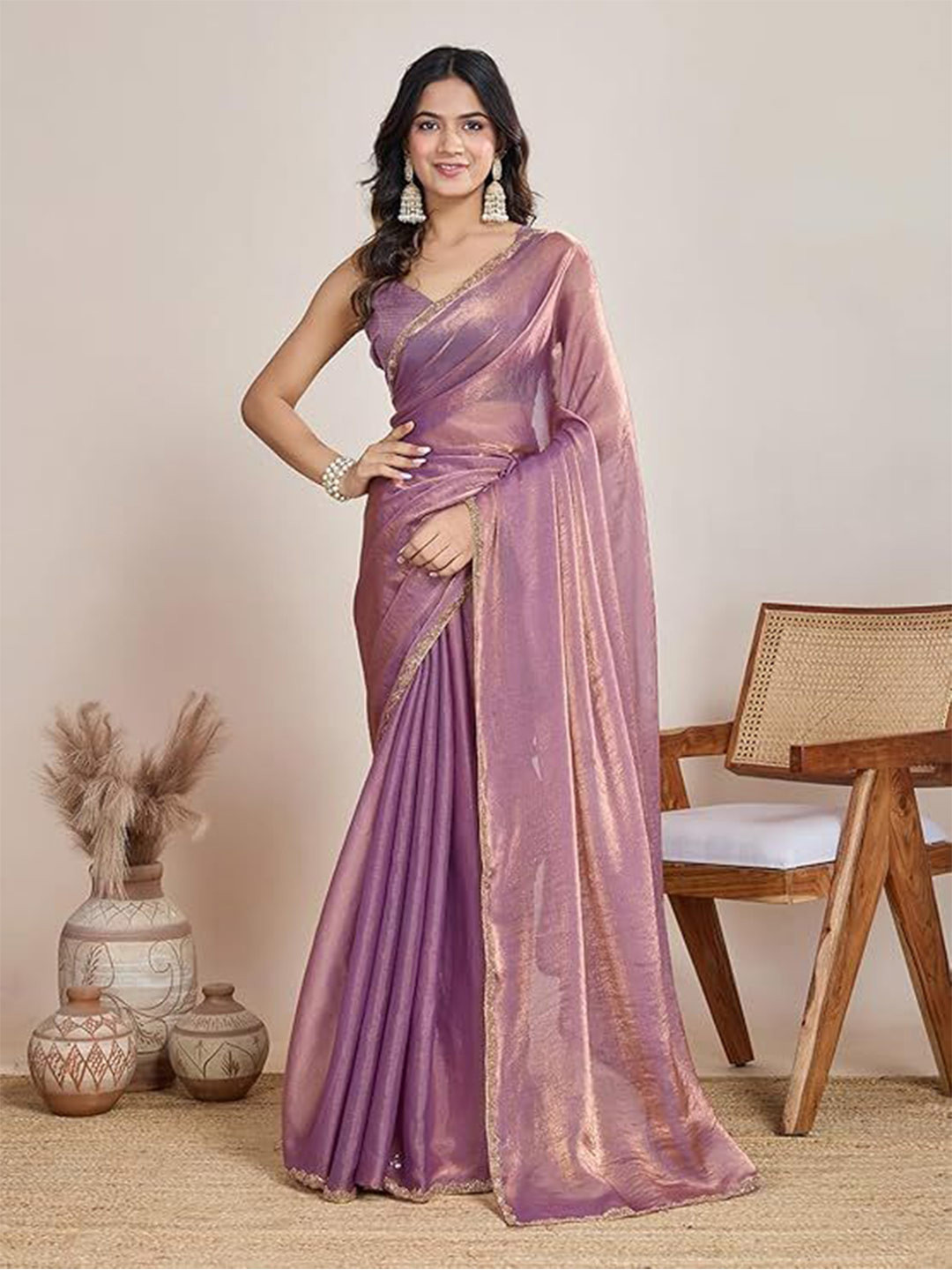 Moksha Trends Embellished Beads and Stones Boder Saree with Blouse Piece