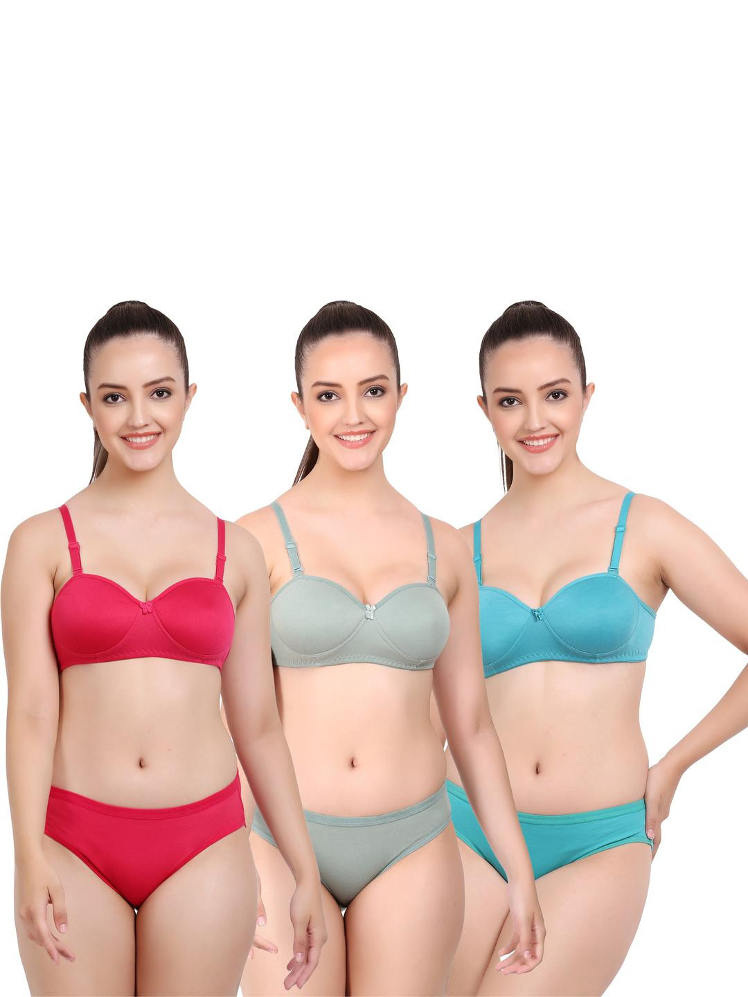 Women Red,Green,Dark Blue Cotton Bra Panty Set for Lingerie Set Undergarments Pack of 3