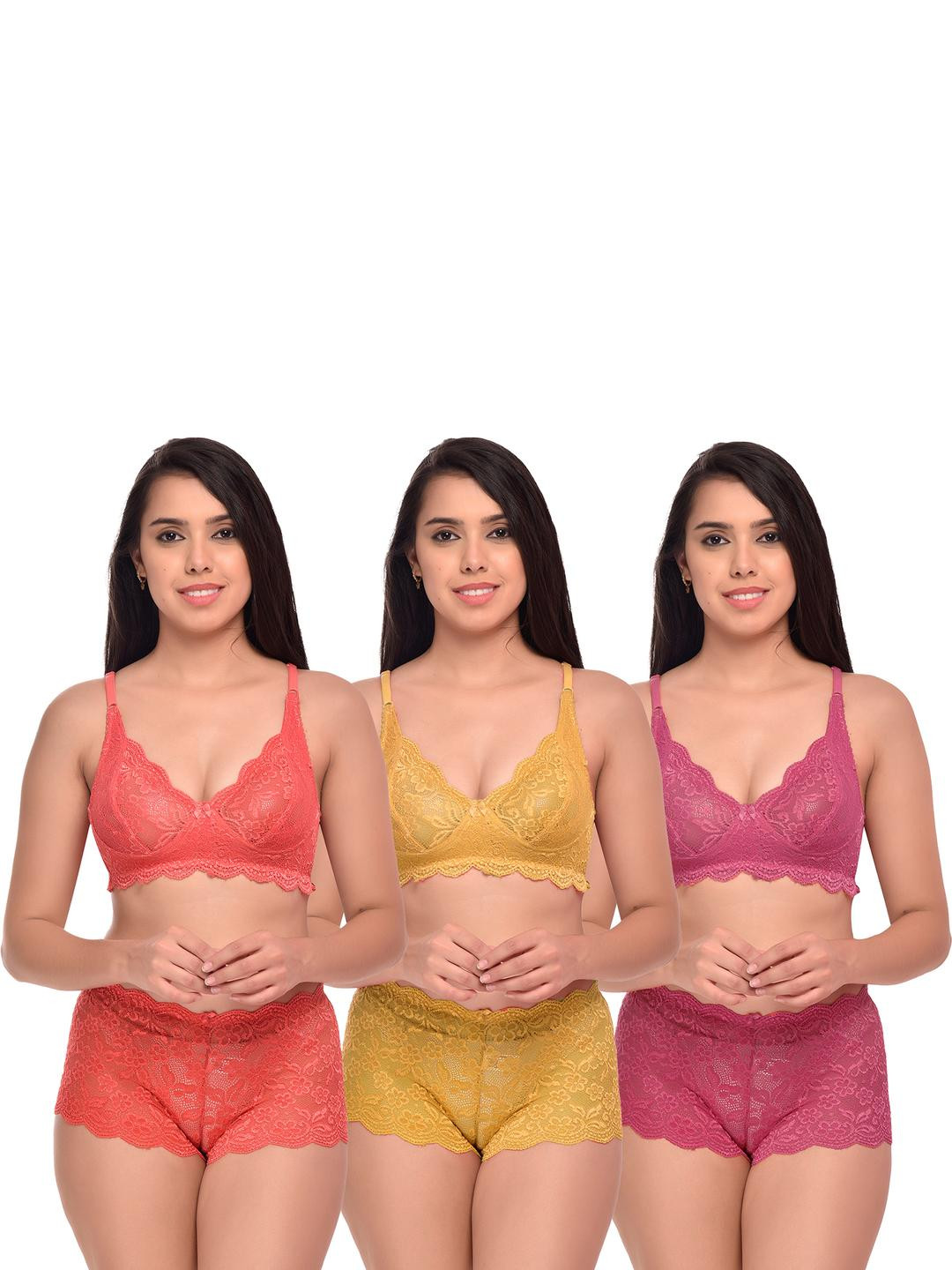 Women Red,Yellow,Pink Net Bra Panty Set for Lingerie Set Undergarments Pack of 3