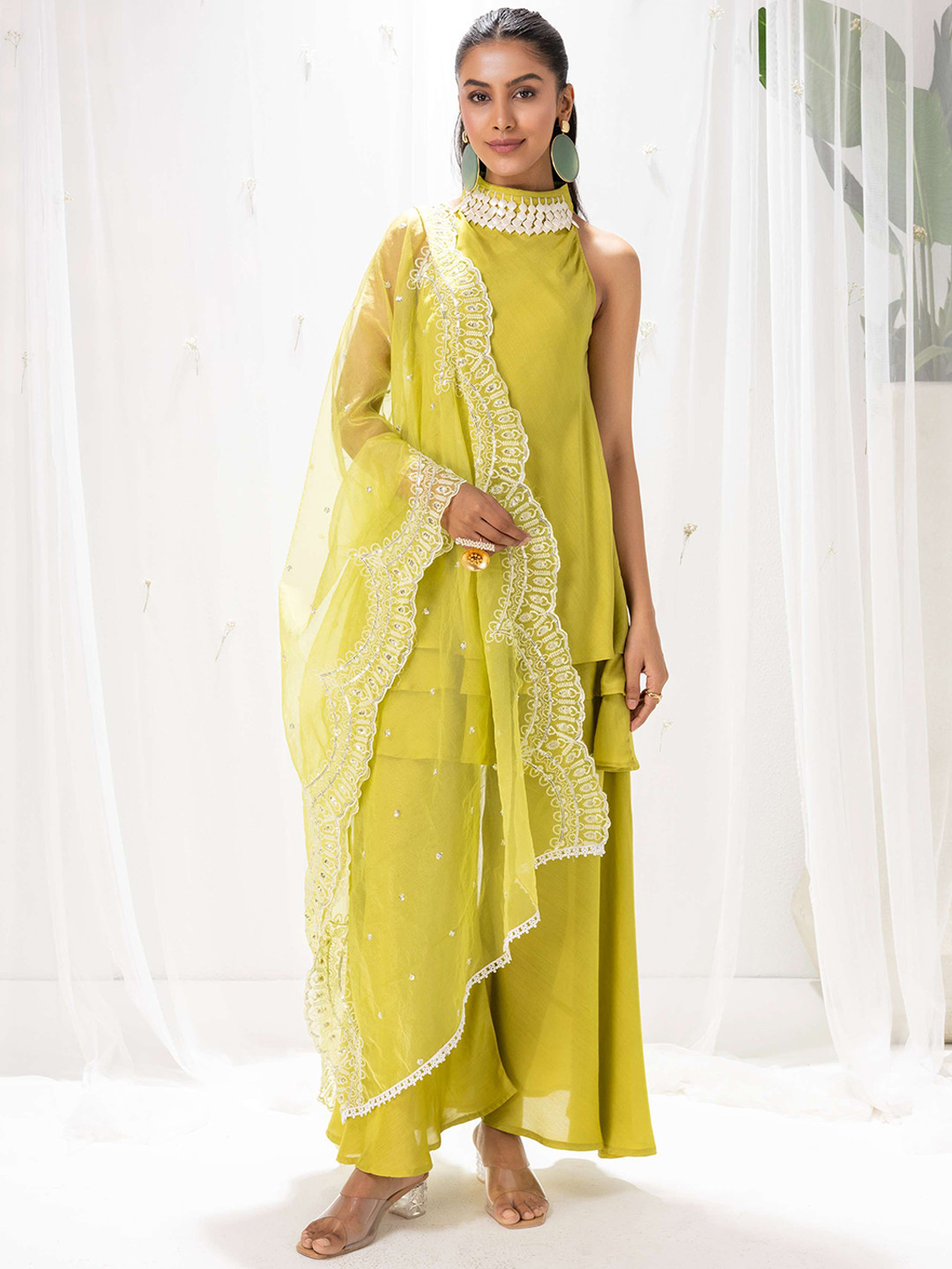 SEW Halter Neck Sleeveless Layered Kurti With Palazzos & Dupatta
