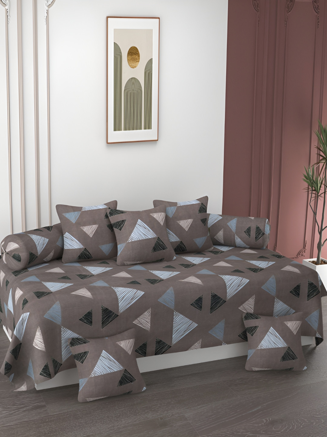 AMRANGE Brown & Blue 8 Pieces Geometric Printed Bedsheet with Bolster and Cushion Covers