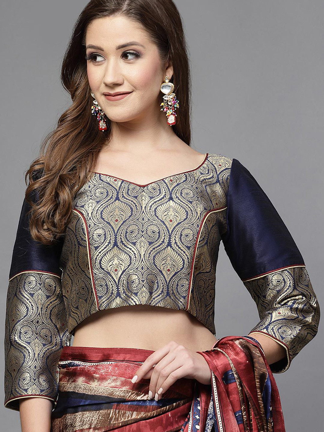 Utsav Fashion Navy Blue Woven Design Brocade Saree Blouse