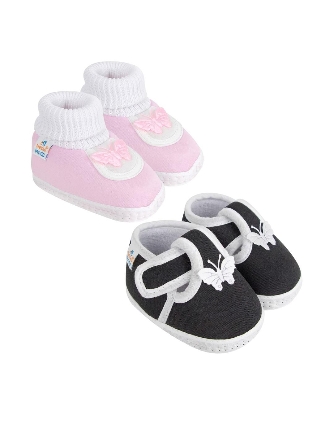 Neska Moda 12 To 18 Months Non Slip Set of 2 Pair Baby Boys & Girls Cotton Butterfly Booties (Toe to Heel Length - 13 cm, Black, Baby Pink)
