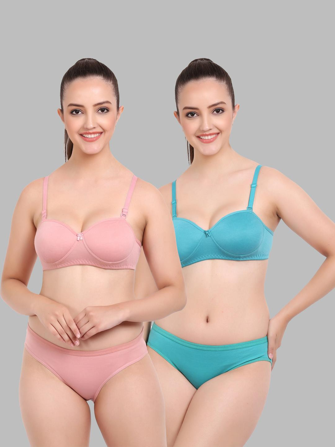 Women Pink,Dark Blue Cotton Bra Panty Set for Lingerie Set Undergarments Pack of 2