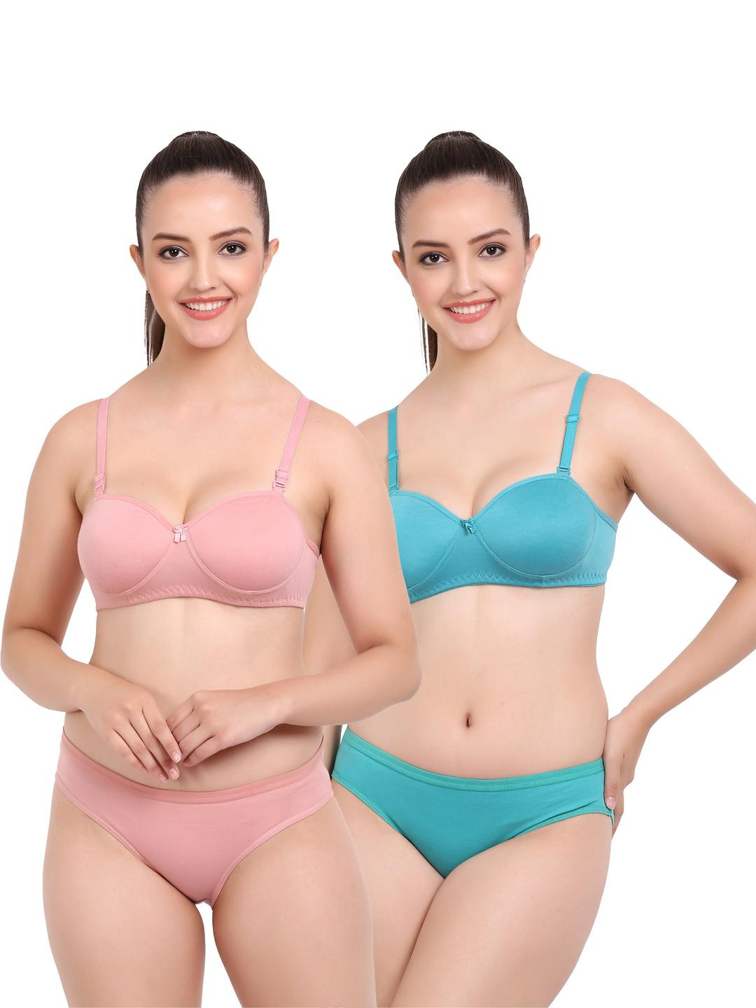 Women Pink,Dark Blue Cotton Bra Panty Set for Lingerie Set Undergarments Pack of 2