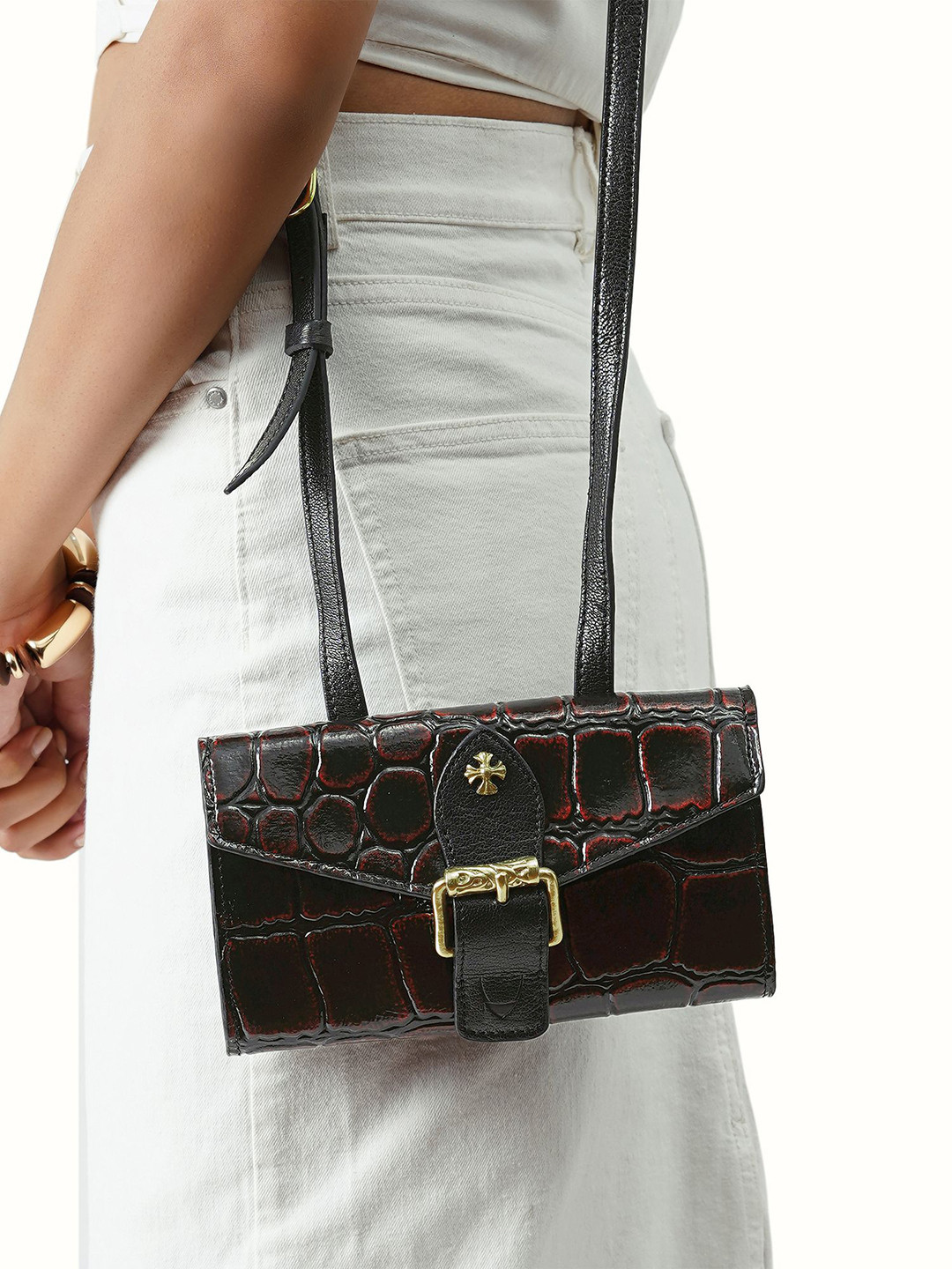 Hidesign Textured Shoulder Strap Leather Envelope Clutch
