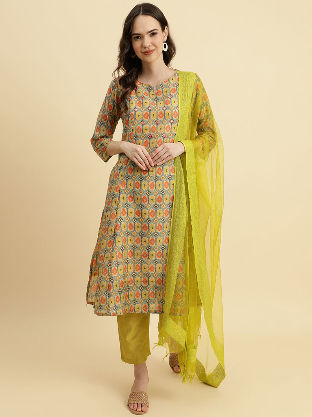 all about you Geometric Printed Notch Neck Mirror Work Kurta With Trousers & Dupatta