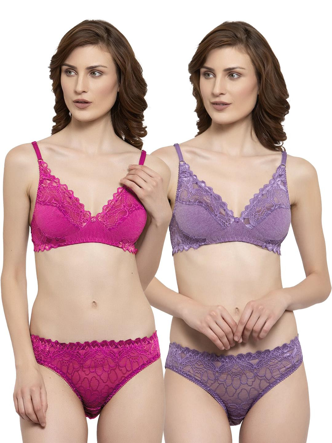 Women Pink,Purple Net Bra Panty Set for Lingerie Set Undergarments Pack of 2