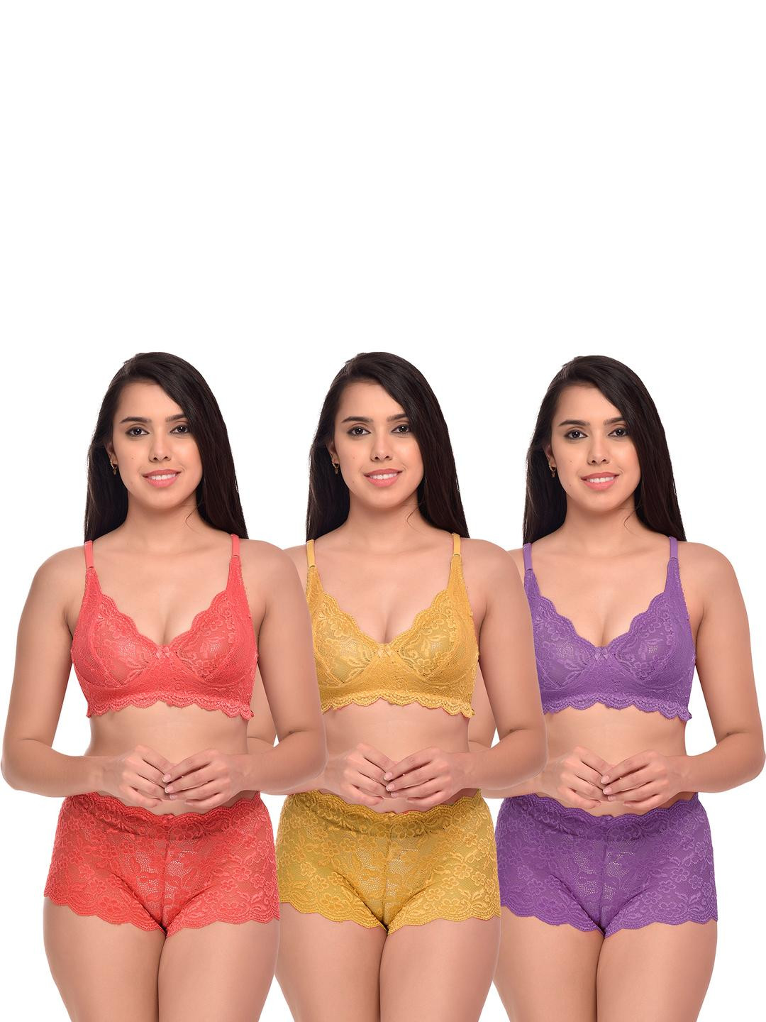 Women Red,Yellow,Purple Net Bra Panty Set for Lingerie Set Undergarments Pack of 3