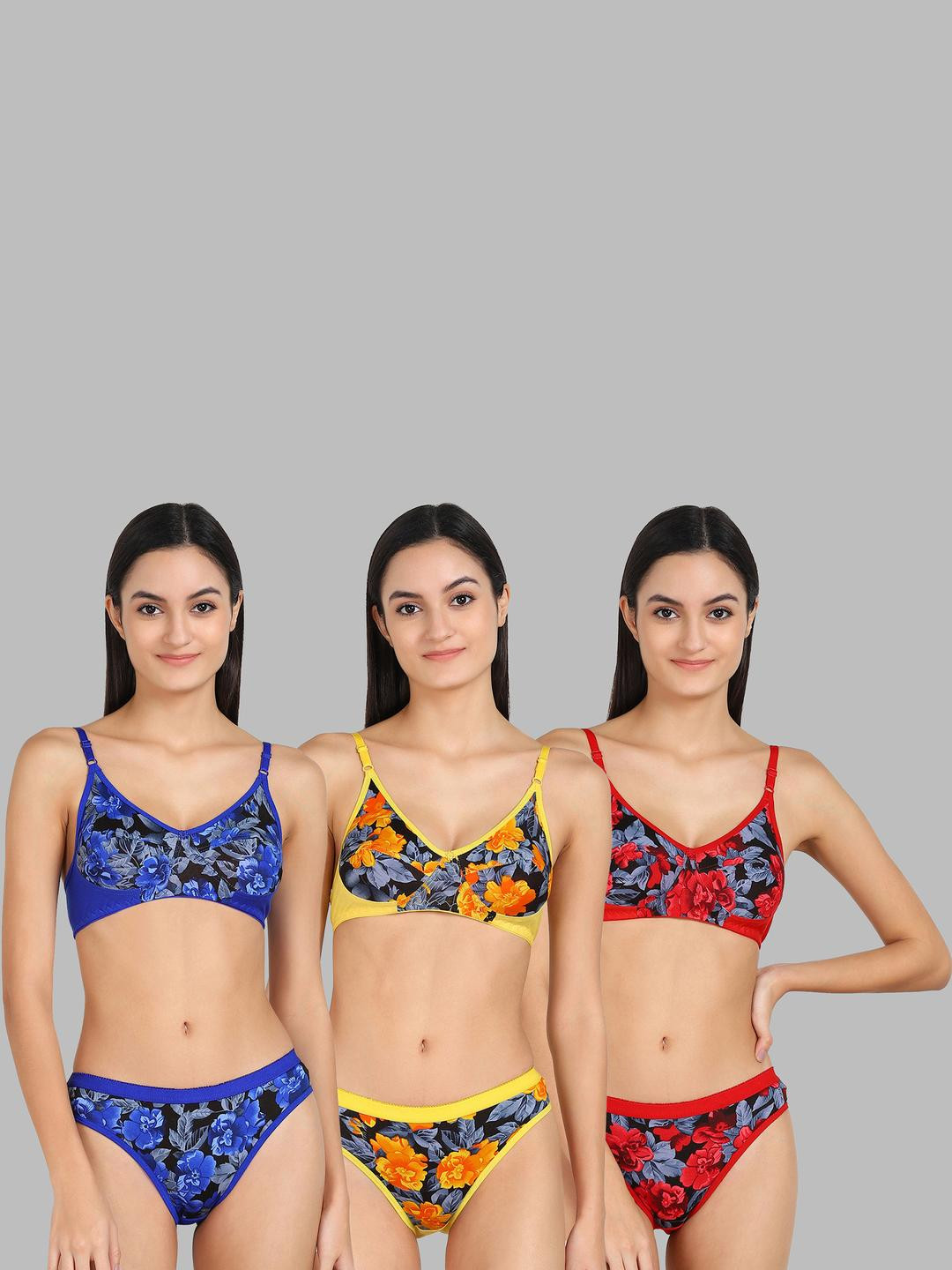 Women Blue,Yellow,Red Cotton Bra Panty Set for Lingerie Set Undergarments Pack of 3