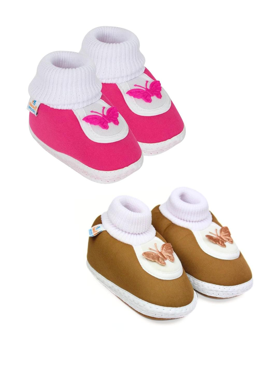 Neska Moda 3 To 12 Month 2 Pair Set Newborn Unisex Baby Skin Friendly Soft Cotton Butterfly Booties (Toe to Heel Length - 12 cm, Rani, Brown)