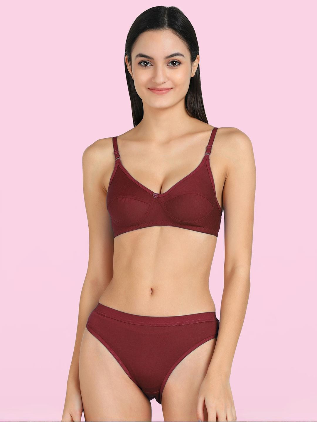 Women Maroon Cotton Bra Panty Set for Lingerie Set Undergarments Pack of 1