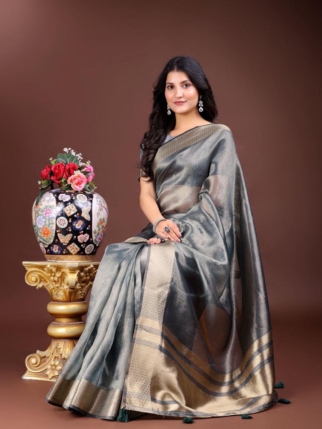 ALAGINI Woven Design Border Organza Saree