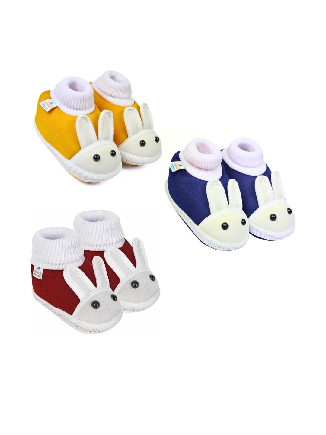 Neska Moda 6 To 12 Months Baby Boys & Baby Girls 3 Pair Combo Pack Cute Soft Cotton Rabbit Booties (Toe to Heel Length - 12 cm, Maroon, Turmeric, Navy)