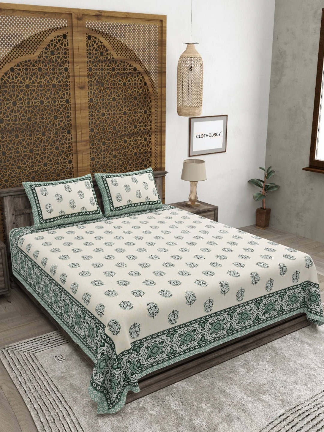 CLOTHOLOGY Green & Off White Printed Pure Cotton 180 TC King Bedsheet Set 2.75 m x 2.25 m