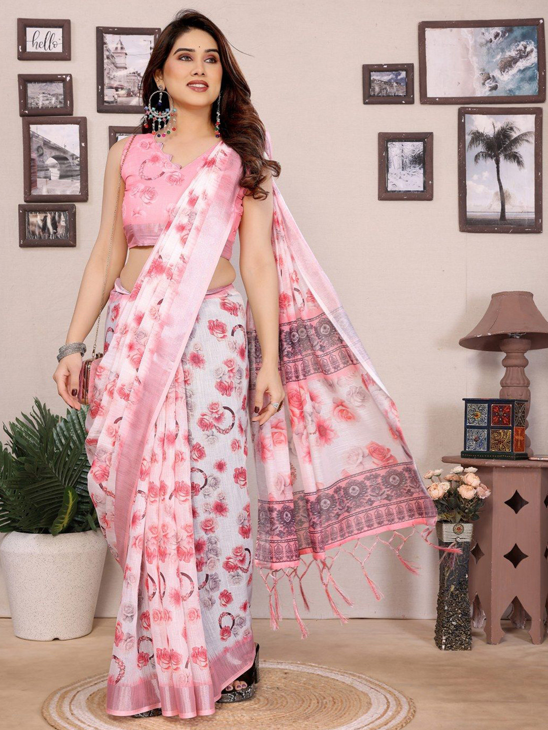 Shriyangan Floral Printed Zari Pure Linen Block Print Saree
