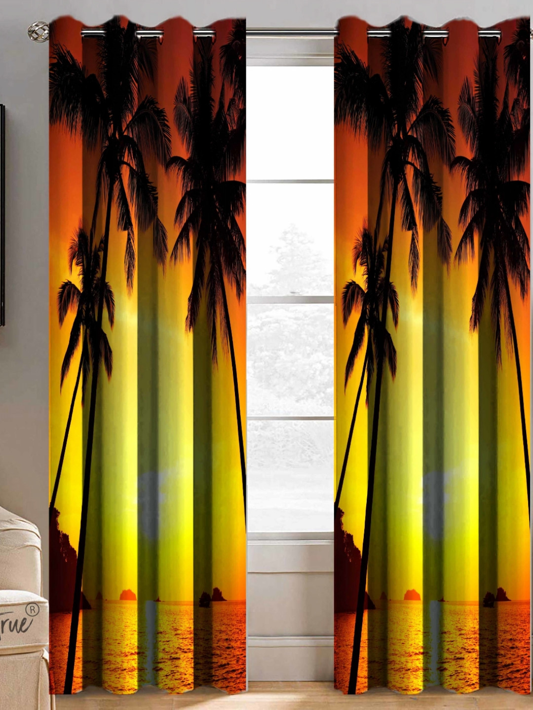 BELLA TRUE Orange & Yellow 2 Pieces Floral Printed Black Out Door Curtains