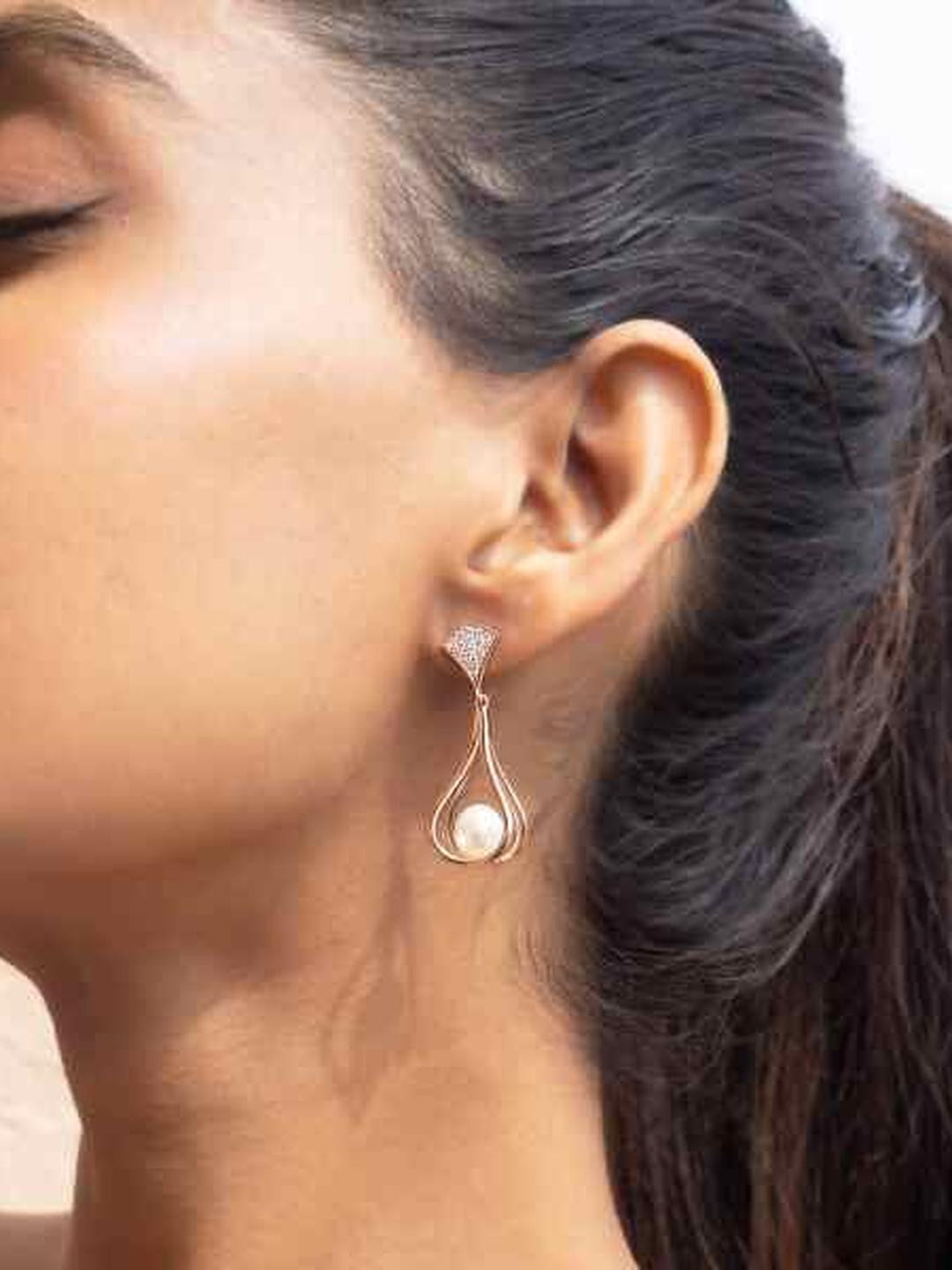Rose Gold Finish Pearl Pavillion Danglers on Pure 925 Silver