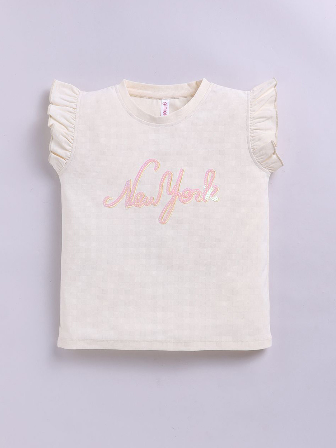 giniekids Girls Typography Printed Applique Frill sleeve Top