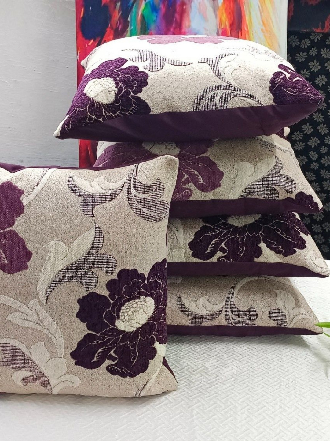 Real Desi White & Purple 5 Piece Floral Printed Square Cushion Covers