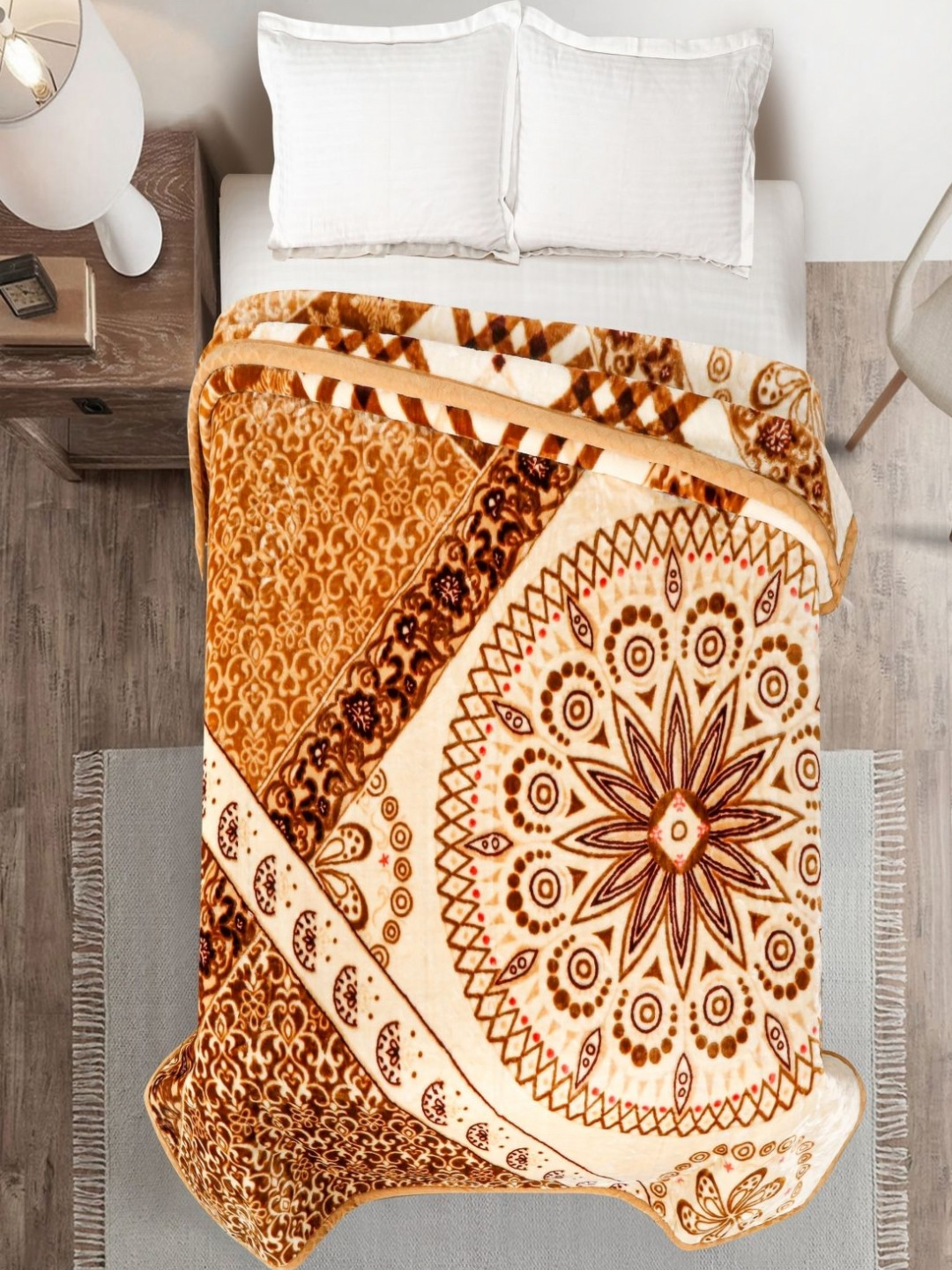 Signature Cream & Brown Floral Mink AC Room Double Bed Blanket