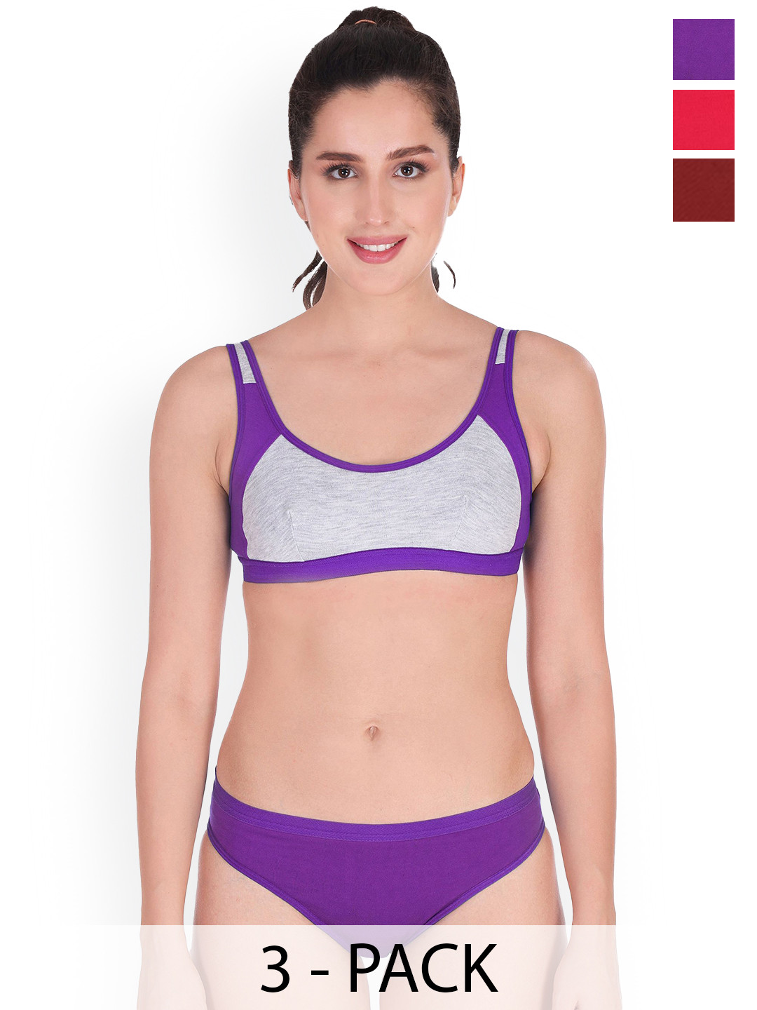 Samvar Pack Of 3 Colorblocked Cotton Non Padded Lingerie Sets SNYC-Set_P,Pu,M