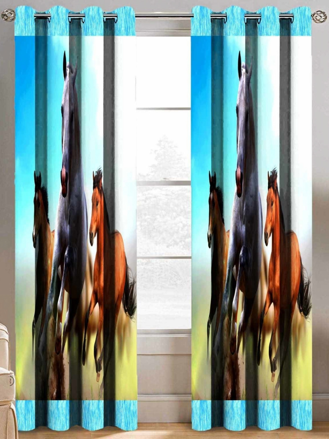 BELLA TRUE 2 Pcs Blue & Brown Graphic Printed Window Curtains