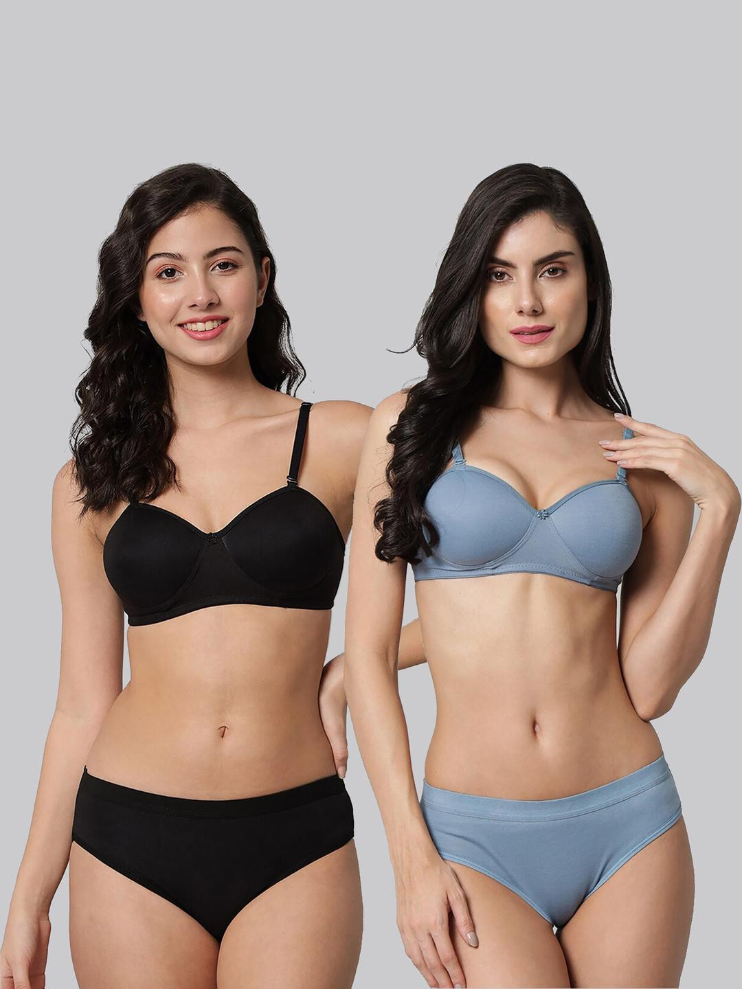 Women Black,Light Blue Cotton Bra Panty Set for Lingerie Set Undergarments Pack of 2