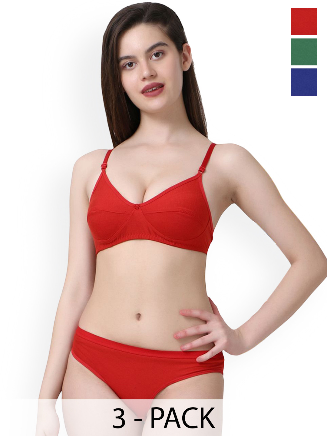 Samvar Pack Of 3 Cotton Non-Wired Non Padded Lingerie Set A-Ruchi-Sett_R,B,G