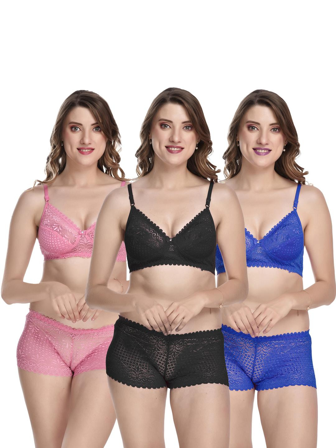 Women Orange,Black,Blue Net Bra Panty Set for Lingerie Set Undergarments Pack of 3