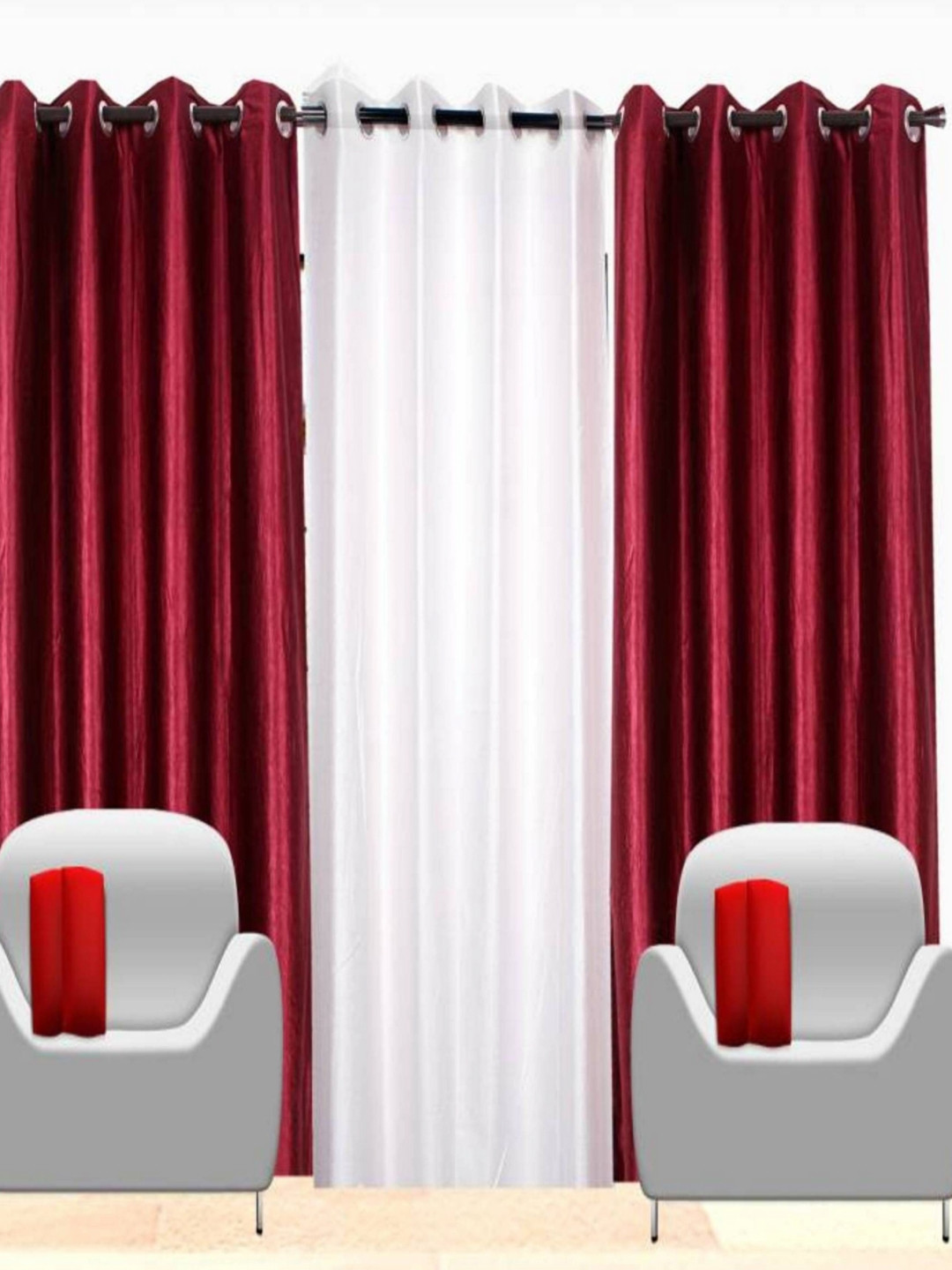 BELLA TRUE 3 Pieces White & Maroon Window Curtains