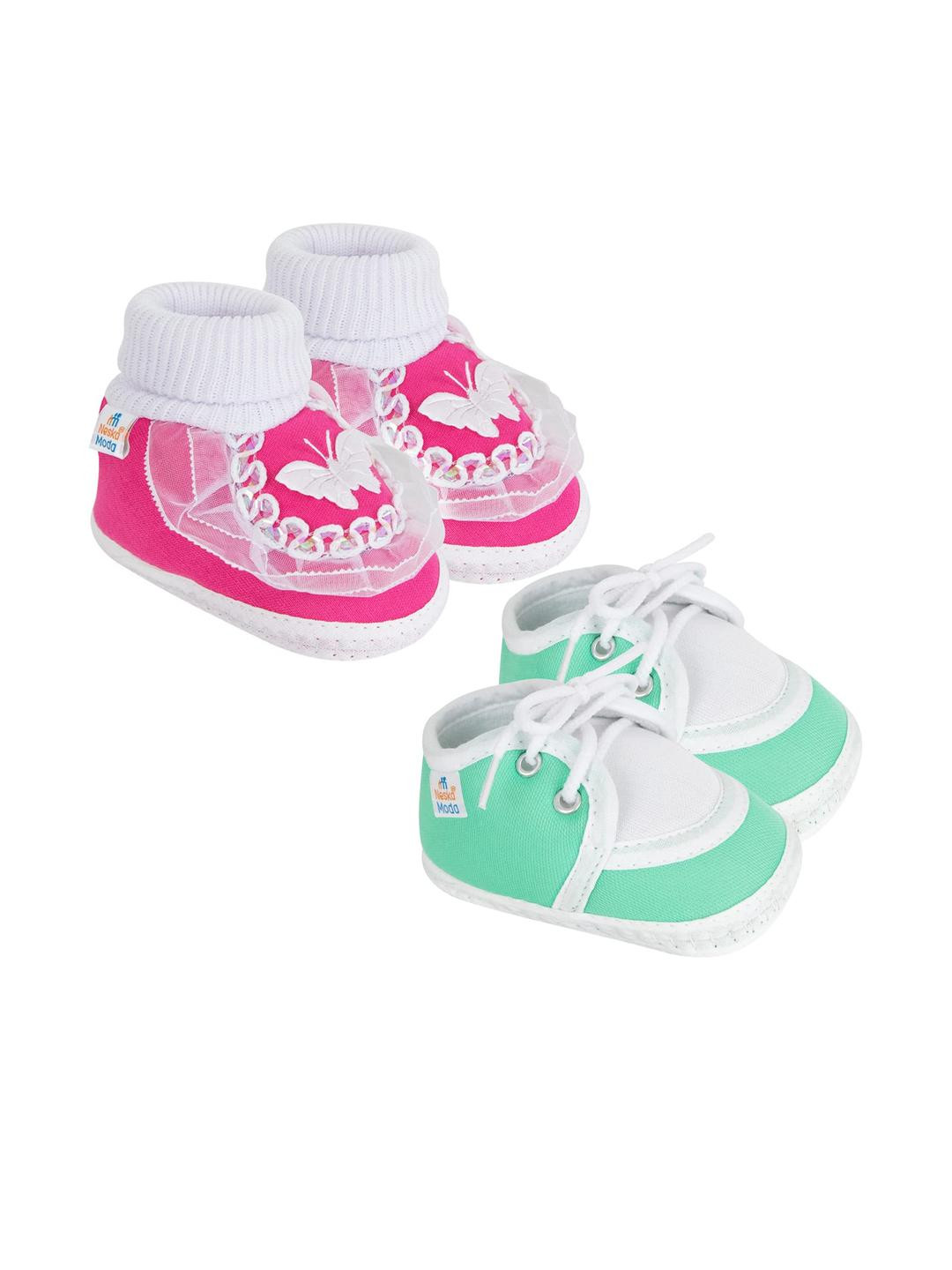 Neska Moda 3 To 12 Month 2 Pair Newborn Unisex Baby Skin Friendly Soft Cotton Lace Shoe Booties (Toe to Heel Length - 12 cm, Mint, Rani)