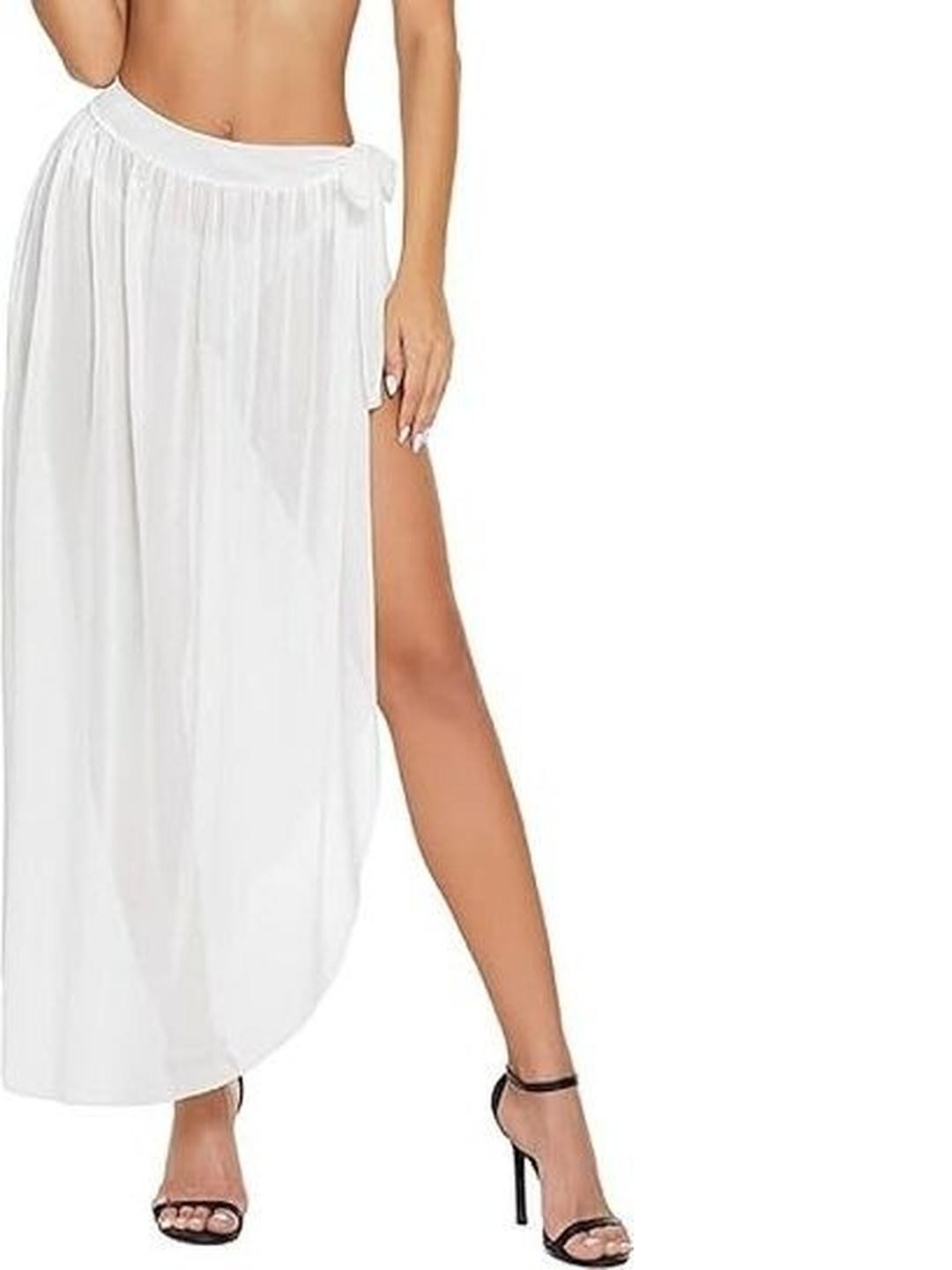 Women's Sheer Beach Sarong Wrap Maxi Skirt,White, Side Slit Net