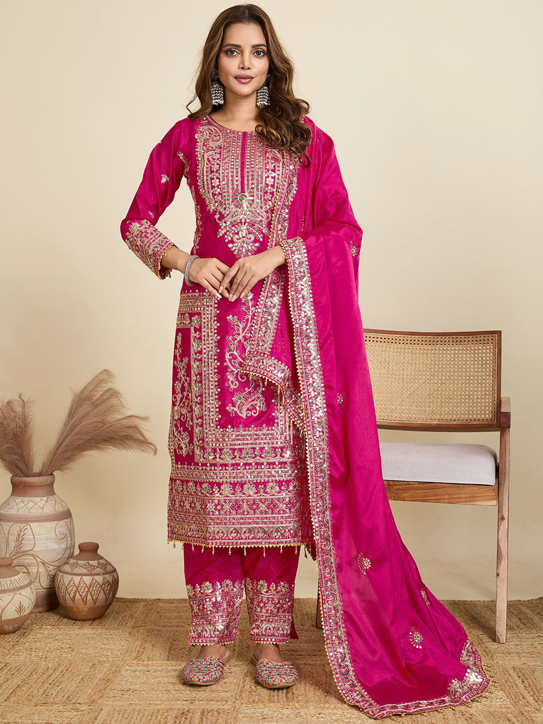 AKSHARAM Floral Embroidered Sequinned Straight Kurta With Trousers & Dupatta