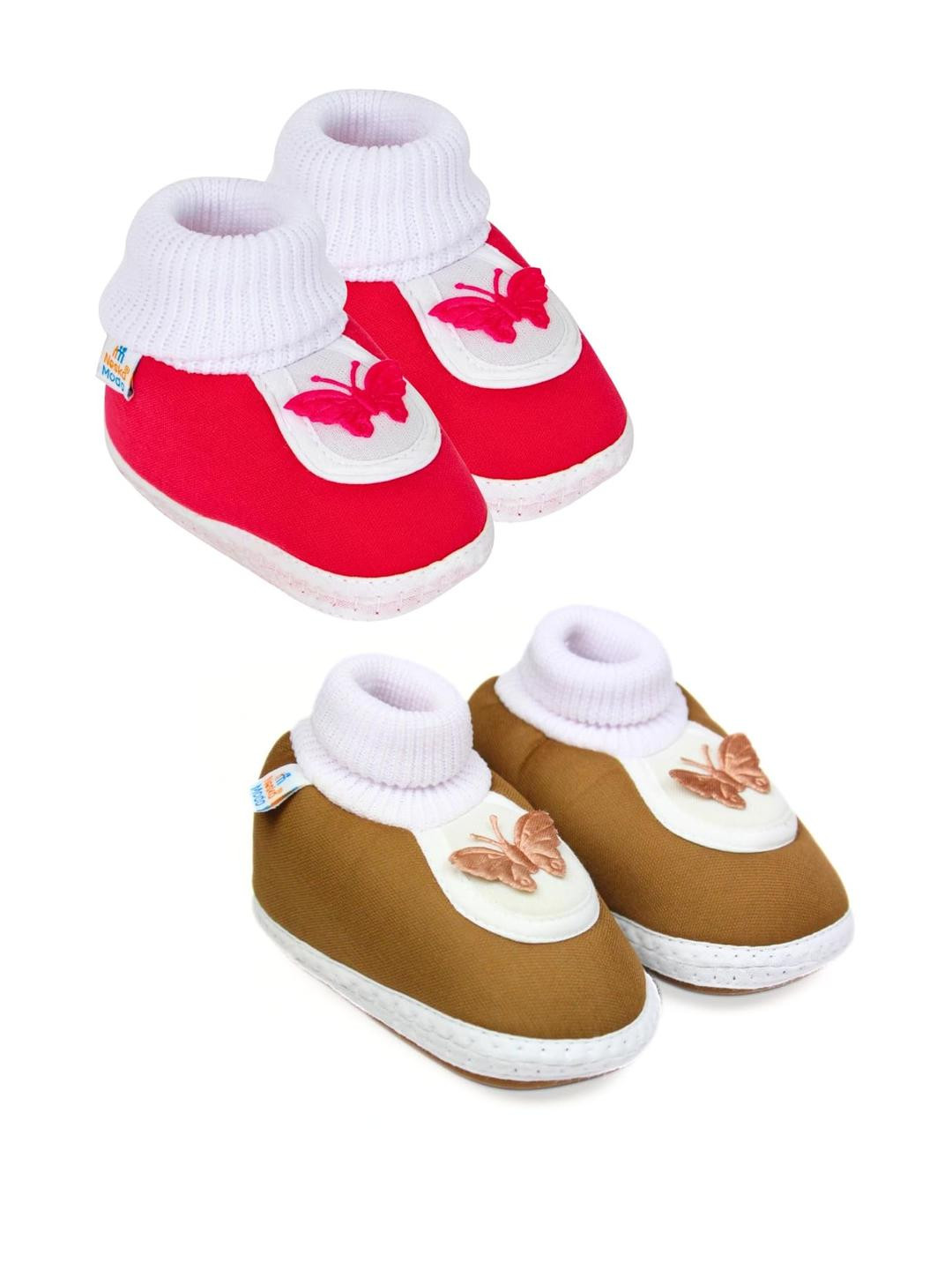 Neska Moda 3 To 12 Months 2 Pair Set Newborn Unisex Baby Skin Friendly Cotton Butterfly Booties (Toe to Heel Length - 12 cm, Red, Brown)