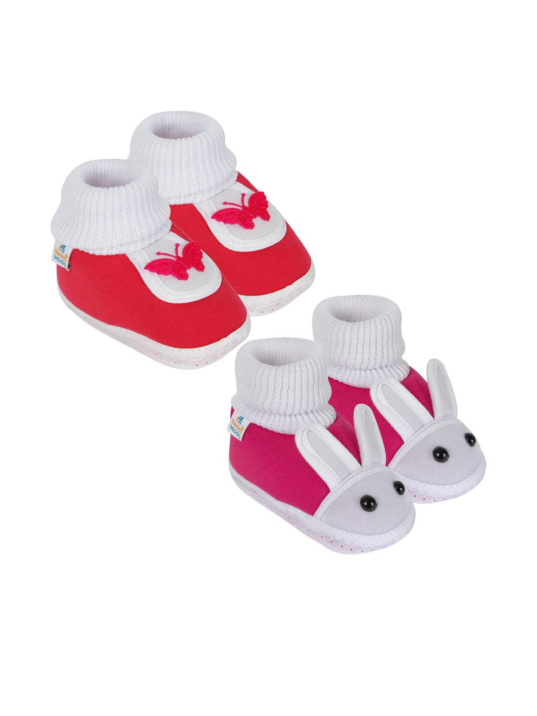 Neska Moda 0 To 6 Months Set of 2 Pair Newborn Baby Unisex Soft Skin-Friendly Cotton Rabbit Booties (Toe to Heel Length - 10 cm, Rani, Red)