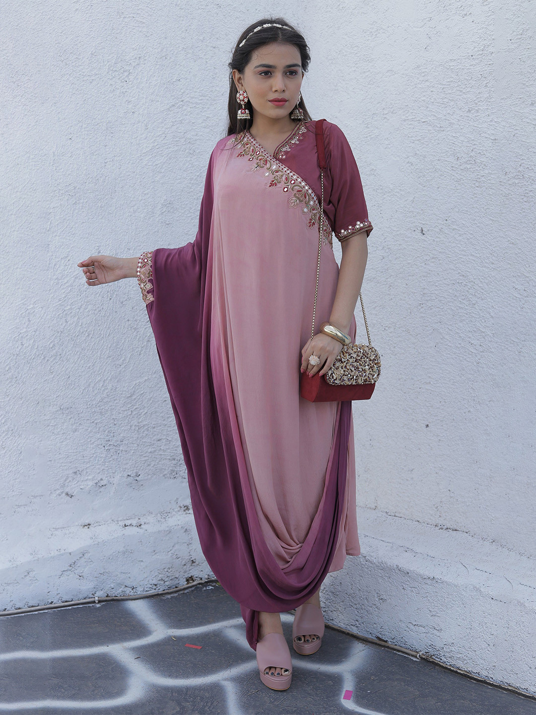 GloballyRonakRBafna Women Ombre Dyed Embellished & Draped Detail Crepe Maxi Dress
