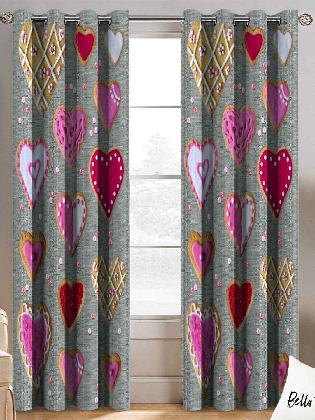 BELLA TRUE 2 Pcs Grey & Pink Geometric Printed Window Curtains