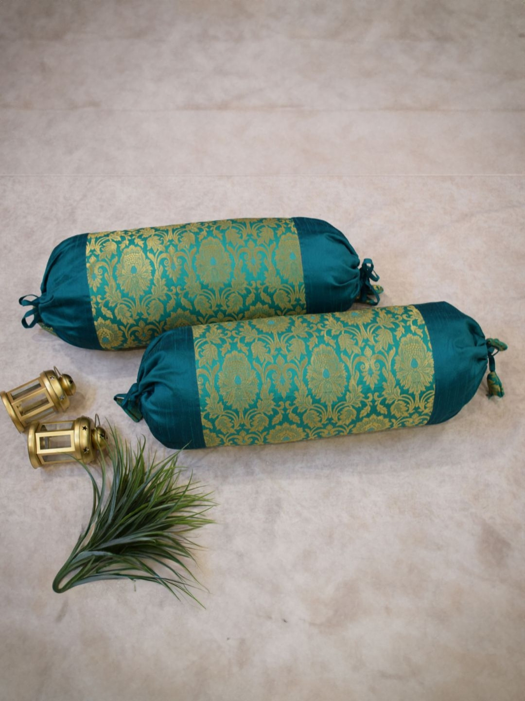 RoyalDeco 2 Piece Green Mughal Banarasi Shrink-Resistant Cylindrical Bolster Covers