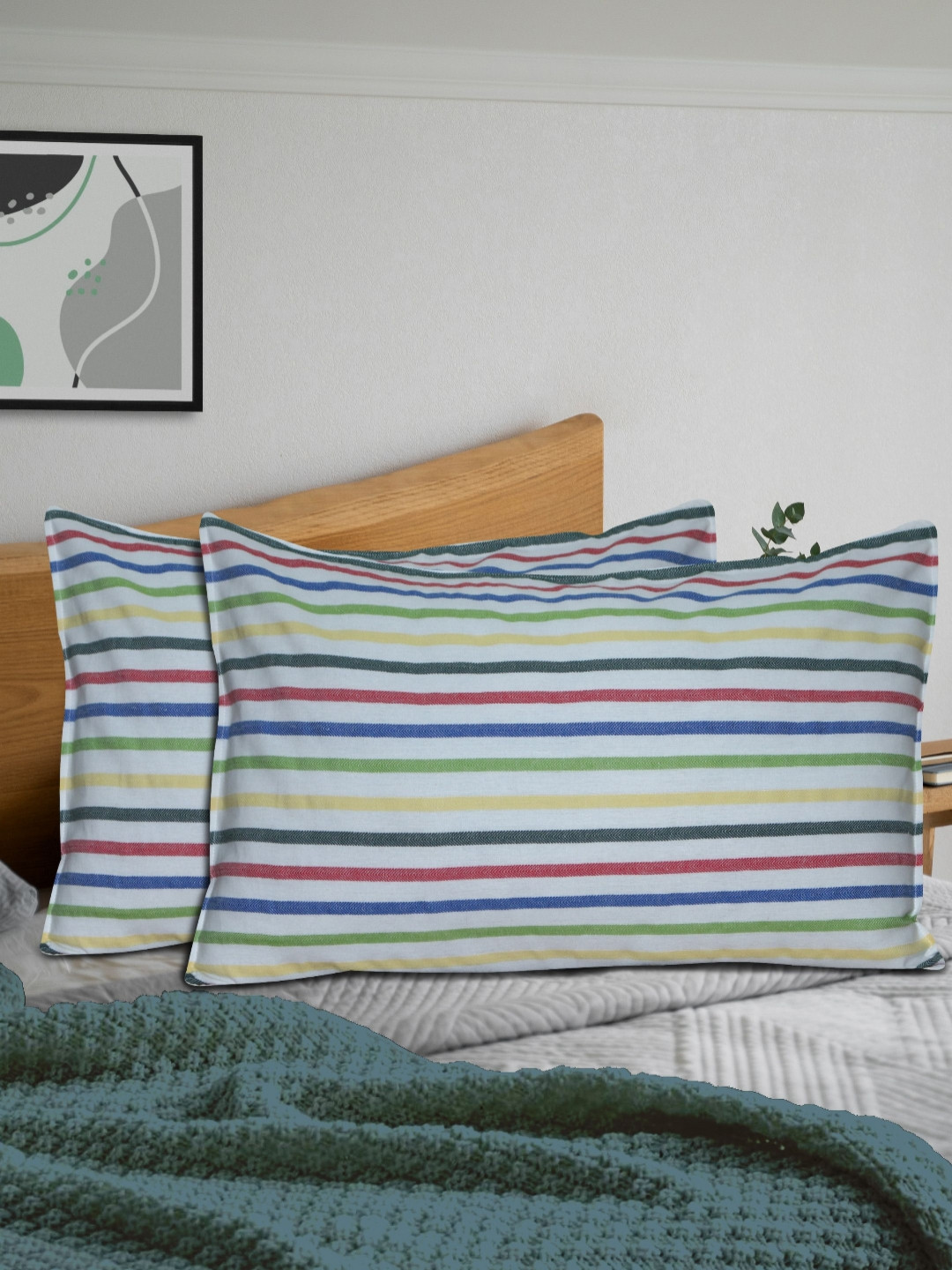 HOME COLORS.IN Multicoloured 2 Pieces Striped Pure Cotton Rectangle Pillow Covers