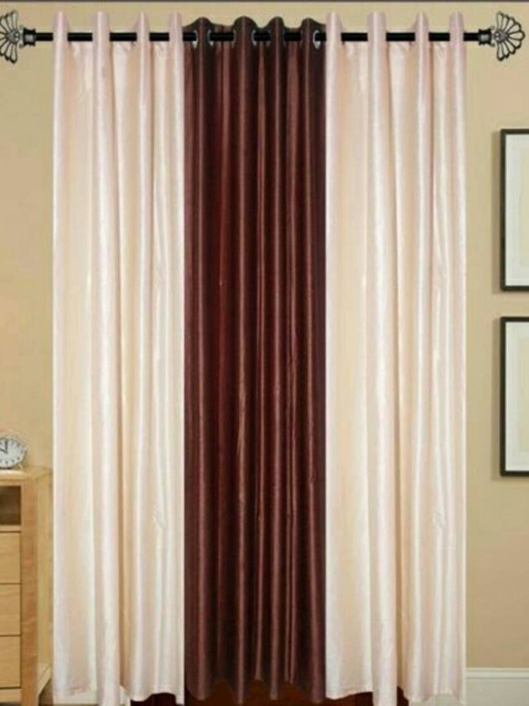 BELLA TRUE 3 Pieces Cream & Brown Black Out Window Curtains